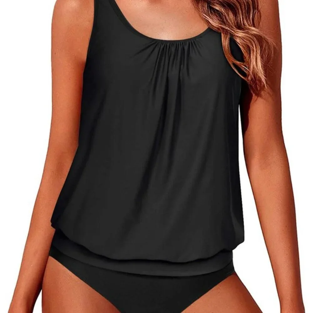 Yonique Women's 2 Piece Black Tankini Modest Loose fit Swimwear Size: 20 Plus - Picture 2 of 7